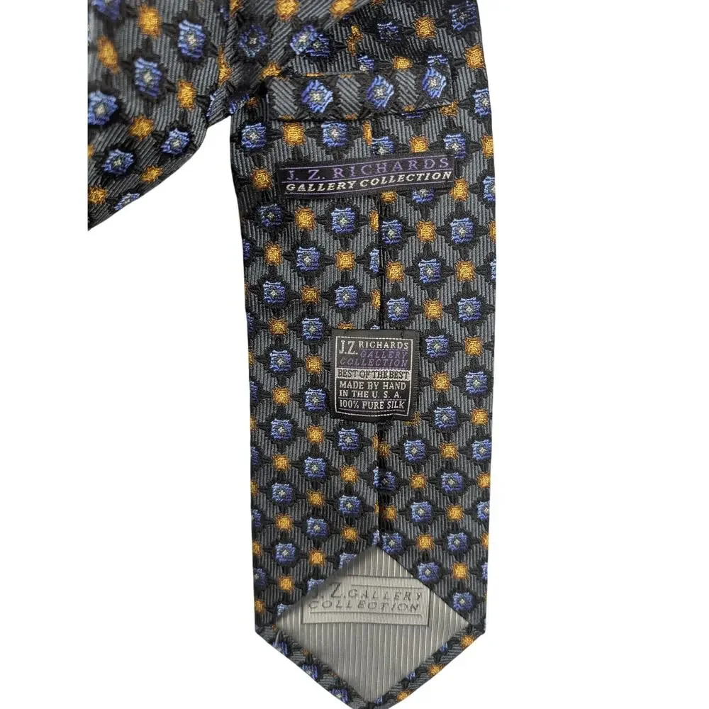 J.Z. Richards Gallery Collection 100% Silk Gray Blue Gold‎ Tie Handmade Grandpa